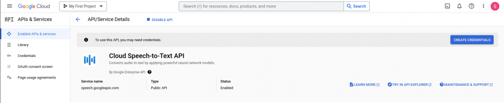Enabling the Google Speech-to-Text API